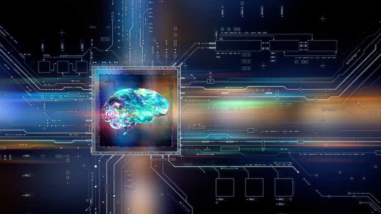 Artificial Intelligence concept. Futuristic circuit board technology background with central computer processors and brain symbol