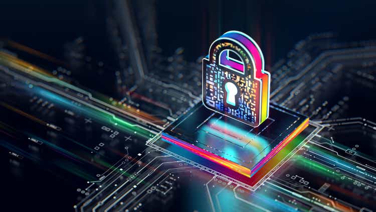 Hardware security concept.Digital shielded firewall with central computer processor and futuristic circuit board