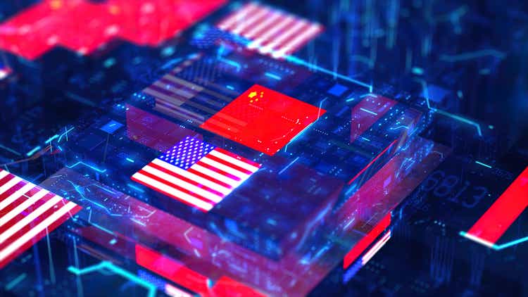 Processor Unit, Chip War. The Chip Crisis, The World"s Big Problem. China and usa Flag.