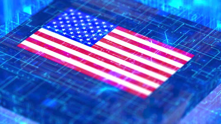 Processor Unit, Chip War. The Chip Crisis, The World"s Big Problem. USA Flag.
