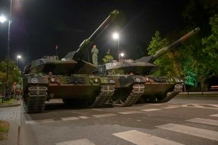 German tanks Leopard 2 parked on a street