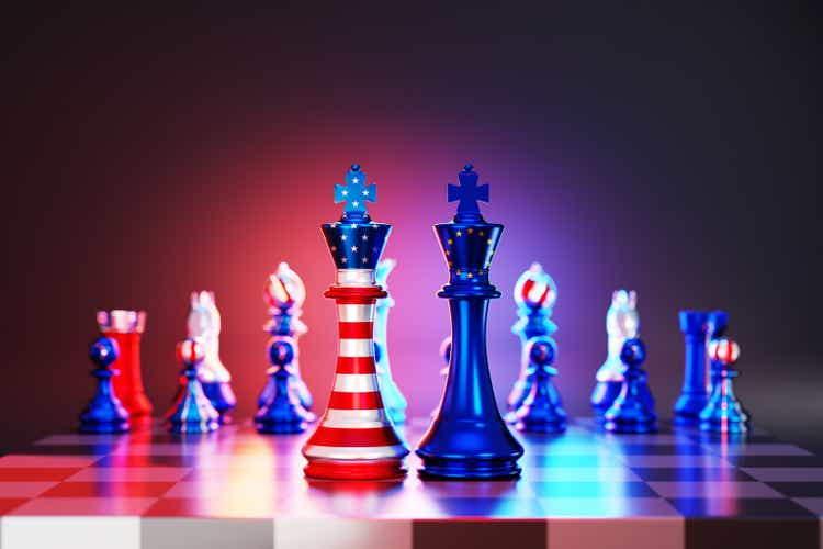 American And European Union Flag chess king on a chessboard
