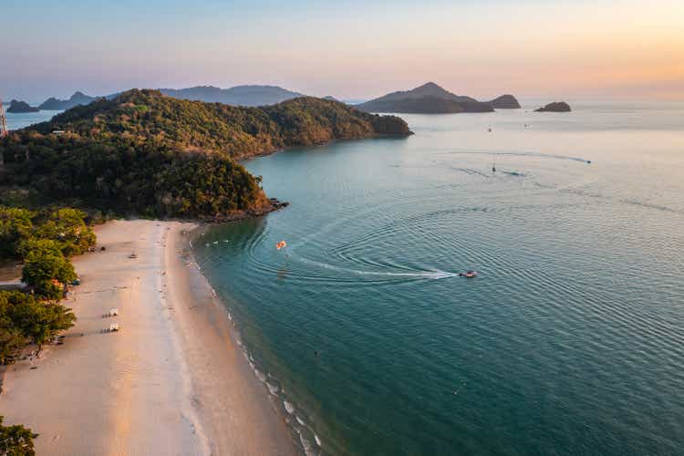 Aerial view of Pantai Cenang beach and islands at sunset, Langkawi