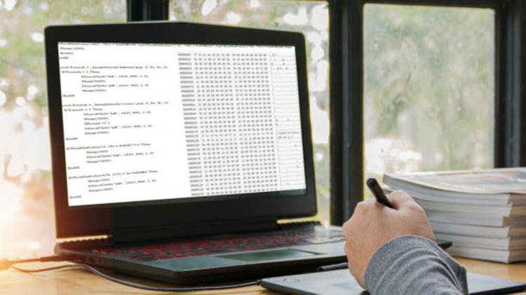 Coders advance the digital world; programmers sit at home doing analysis and coding. The screen of the computer shows statistics.