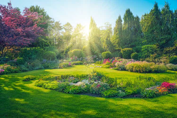 Beautiful spring garden with flowers and grass, 3D illustration