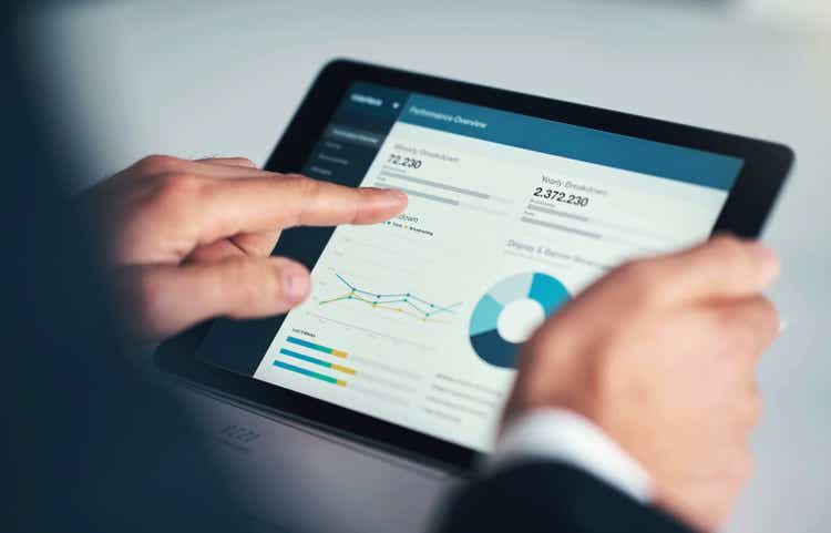 Investment, corporate or business man with tablet for invest strategy, finance growth or financial review. Hand, screen or analytics on technology for planning, data analysis or economy web research
