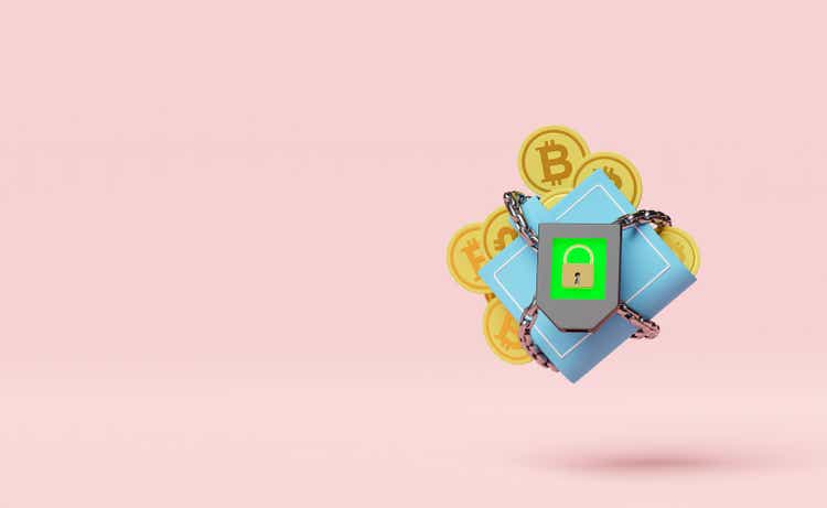 Hardware wallet with chain,bitcoin coin isolated on pink background.Internet crypto currency security,privacy protection,ransomware protect concept,3d illustration,3d render