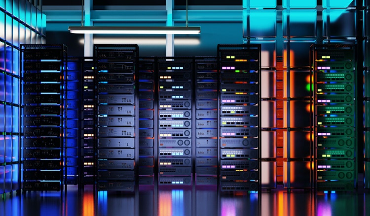 Server room with lots of computer and neon lights. Data center with racks and supercomputers. 3D rendering illustration