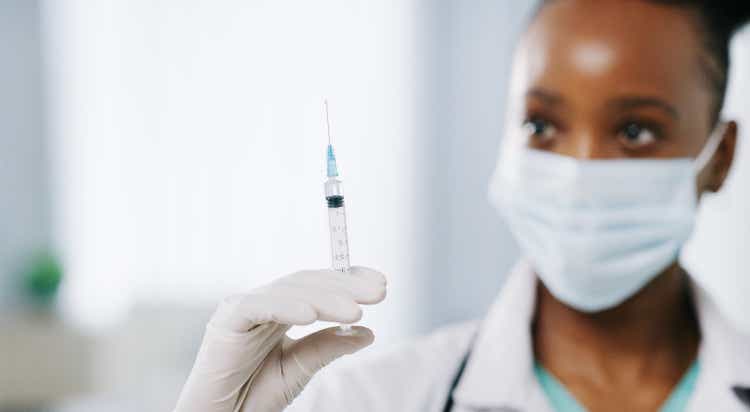 Syringe, woman and doctor hands holding medicine for safety, flu shot and healthy results in hospital. Closeup of needle, medical treatment and covid vaccine for healthcare, nurse or clinic service