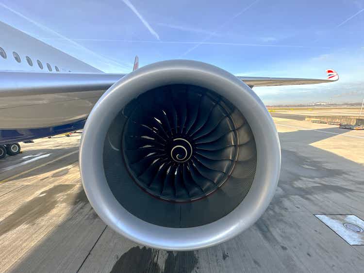 Close up view of a Rolls-Royce turbofan jet engine on a British Airways Airbus A350 jet
