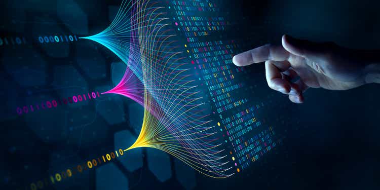 Big data technology and data science. Data scientist querying, analysing and visualizing complex data set on virtual screen. Data flow concept. Neural network, artificial intelligence, ML, analytics.