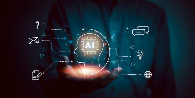 AI Artificial Intelligence and conversational chatbots businesses digital technology interact with applications, including customer service, sales and marketing and big data virtual screen.