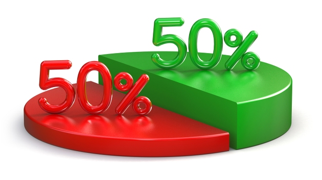 50% & 50% pie chart isolated on white background. 3d illustration.