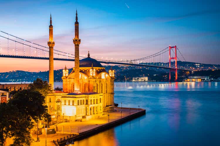 Ortakoy mosque and bridge at dusk, Istanbul, Turkey