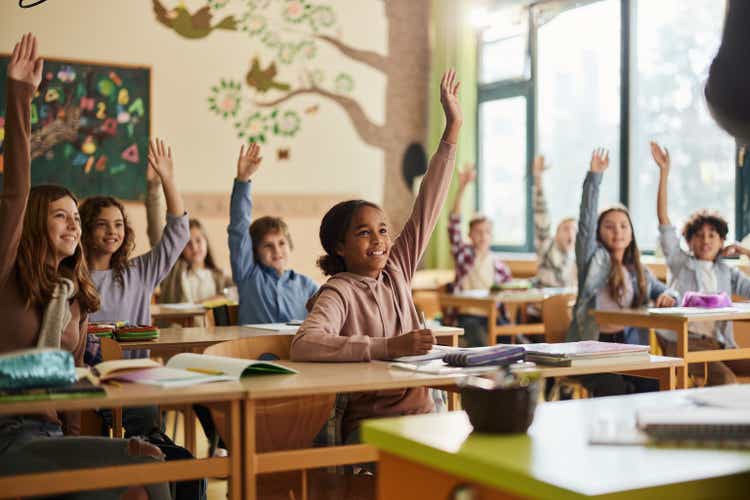 Happy elementary students raising their hands on a class at school.