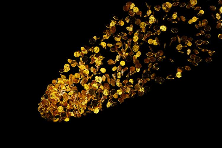 Gold coin comet falling down, used for decrease bearish market or jackpot target, 3D rendering.