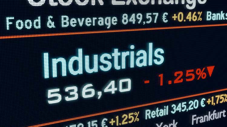 Industrials sector, stock exchange trading floor.