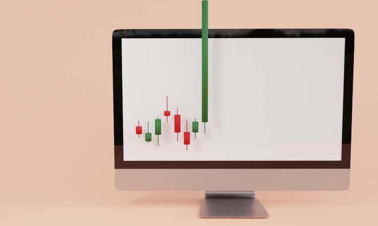 Short squeeze concept. Green bar of stock market chart breaks the monitor border upwards.