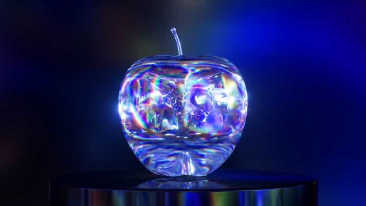 Abstract concept. Liquid mirror transparent substance takes the form of an apple. Blue neon color.