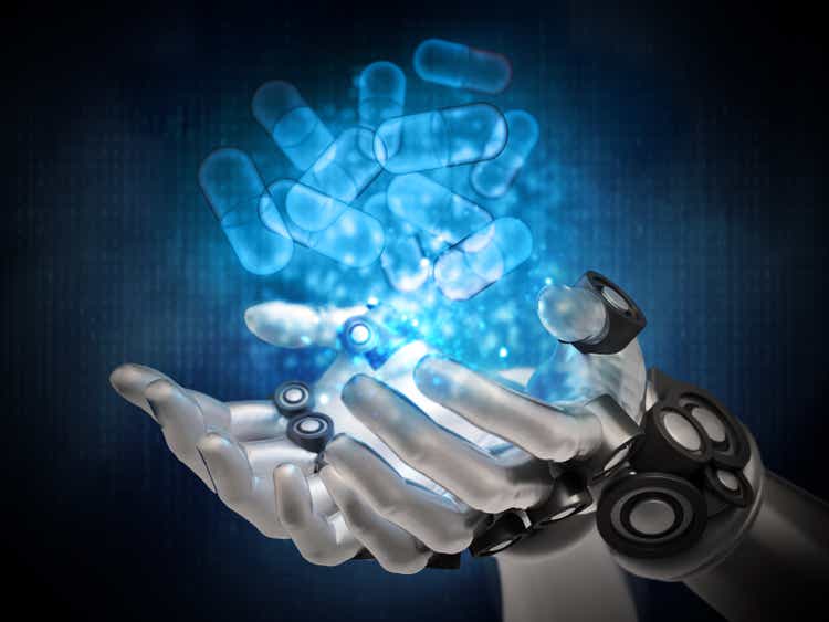 Blue pill capsules hologram over robotic hands. Cyber medicine concept