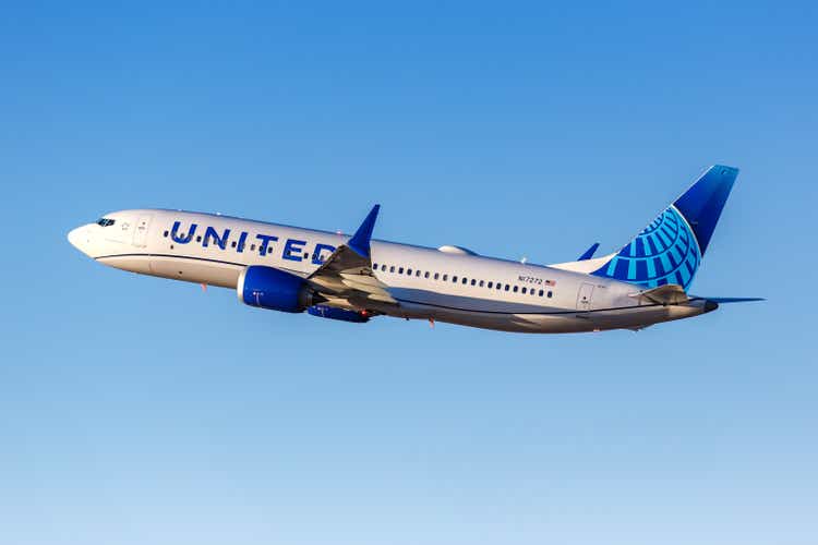 United Boeing 737 MAX 8 airplane at Los Angeles airport in the United States