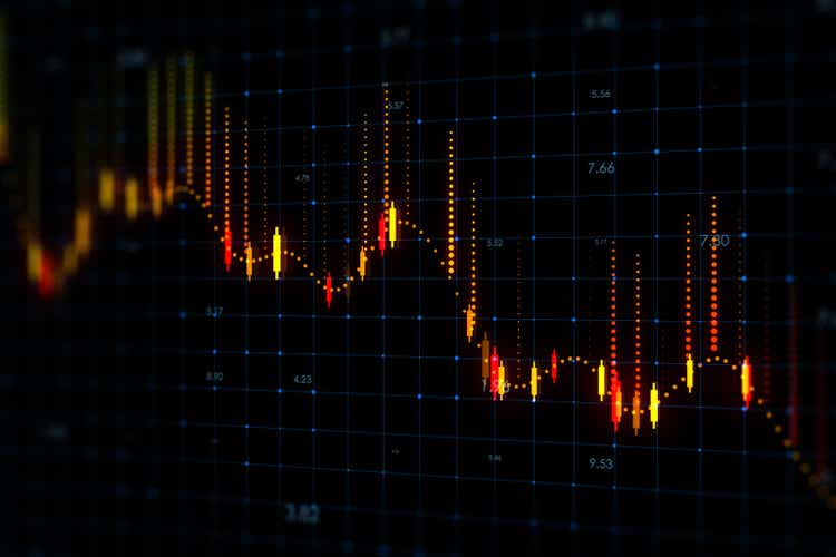 Economic crisis and fall down stock market concept with digital downward yellow and red financial graph on dark background with dots. 3D rendering