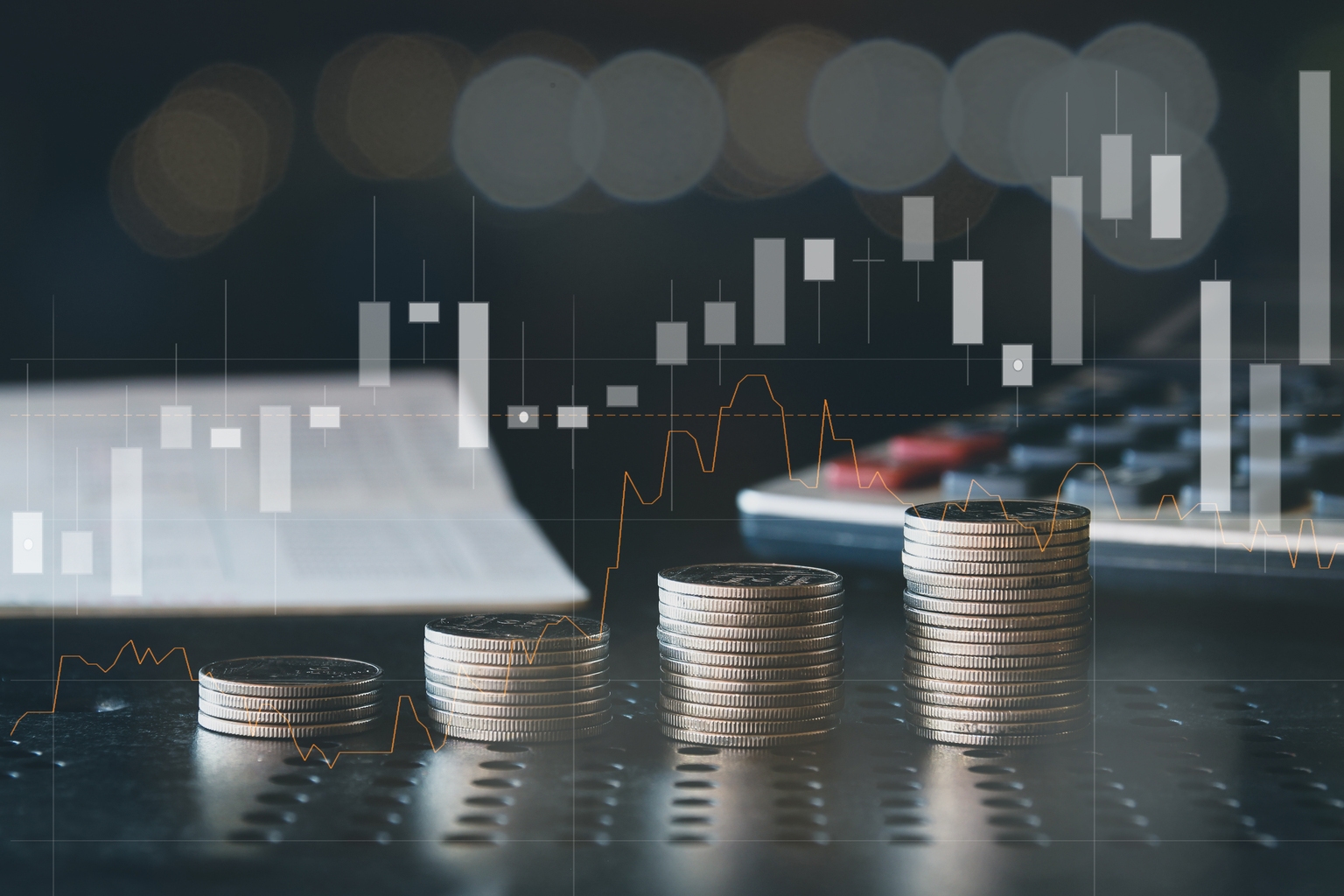 Stack of money coin with trading graph, financial investment concept can be use as background