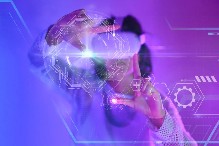 Close-up of fingers touching holograms on digital virtual screen