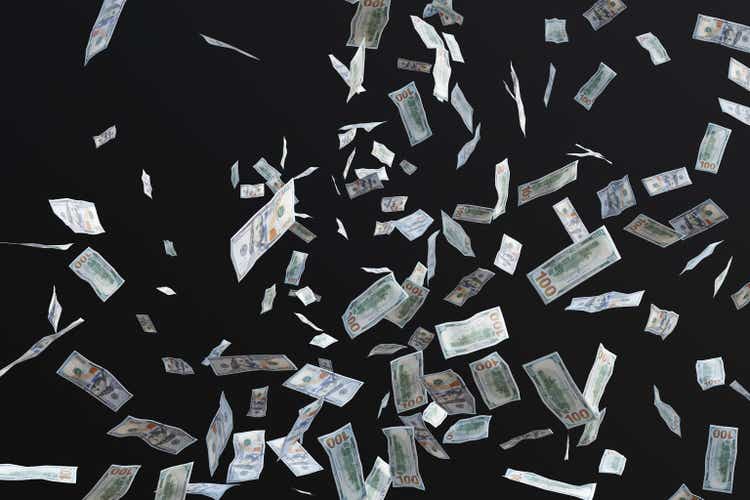 A lot of US 100 dollar bills flying around on black background. Illustration of the concept of luxury , rich and wealth