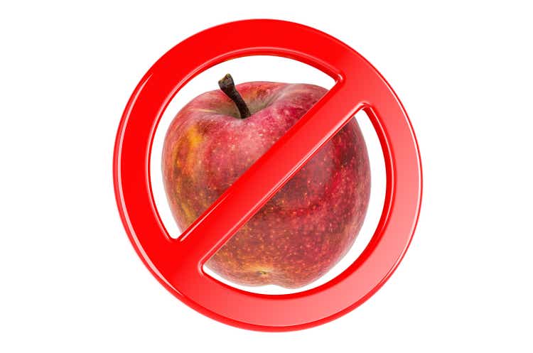 Red apple with forbidden sign, 3D rendering