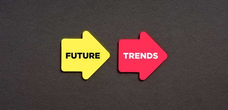 Follows future trend concept.  The words Future Trends on an arrow-shaped sticker on a blue background.