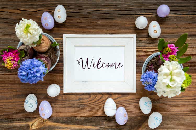 Spring Flowers With Easter Egg Decoration, English Text Welcome, Frame