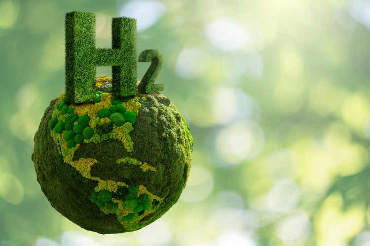 Symbol of Hydrogen H2 from grass and green planet Earth