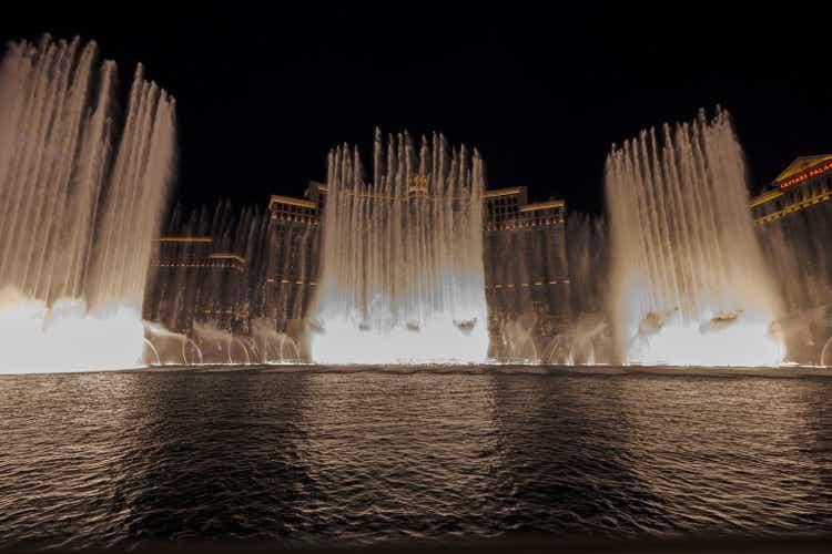 Beautiful view of night fountains of Bellagio hotel on Strip. Las Vegas, Nevada, USA.