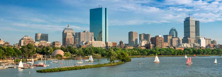 Boston Massachusetts USA Charles River Esplanade panorama in the downtown city core