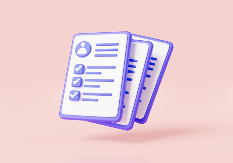 Human resources and resume concept. Resume profile for job interview. Job search, CV card, HR, recruitment agency, verify identity, human resources management. 3d icon rendering illustration