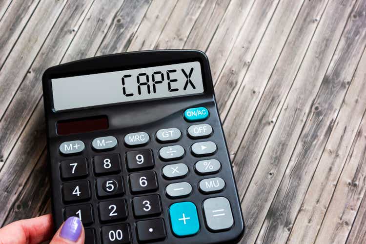 There is a calculator on the wooden table with the word CAPEX written on the monitor. Business and financial concept