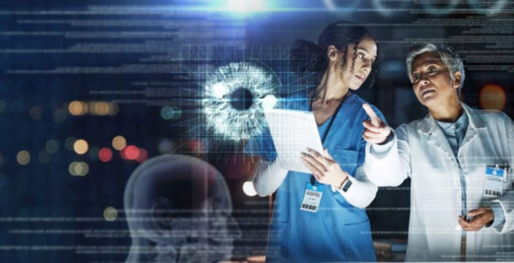 Doctors, technology or healthcare of eyes, hologram or futuristic overlay in cancer, glaucoma or wellness analytics. Vision, iris or abstract in future surgery, night hospital or women collaboration