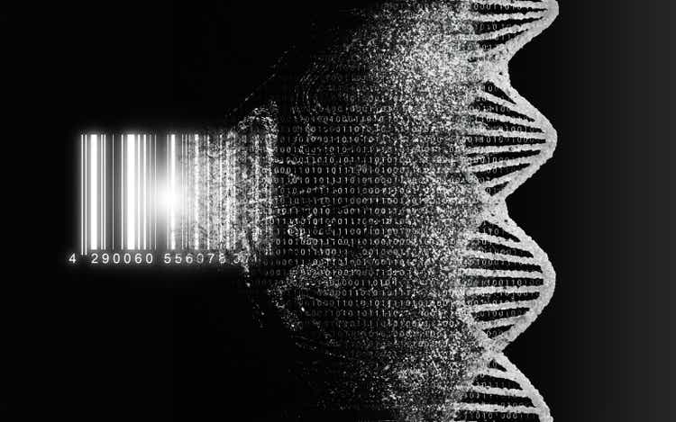 DNA decode, biological, genetic decoding concept. Genom map. The DNA strand, nucleic acid double helix, is read and converted into a barcode.