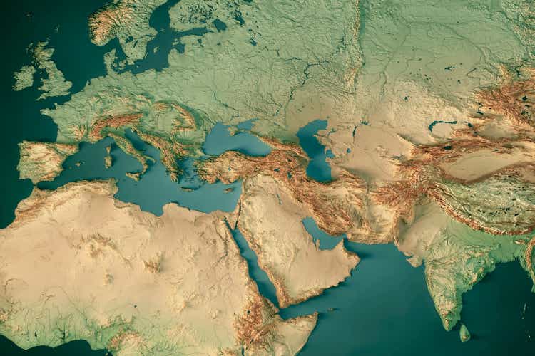 Europe India Middle East 3D Render Topographic Map Dark Ocean Color