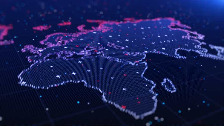 Estructura alámbrica de mapa con una tecnología de marca de ubicación fondo abstracto digital, conexiones de red globales Representación 3D