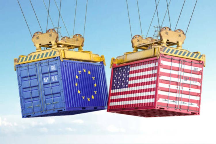 EU European Union and US trade war. Cargo containers with EU and US flags.