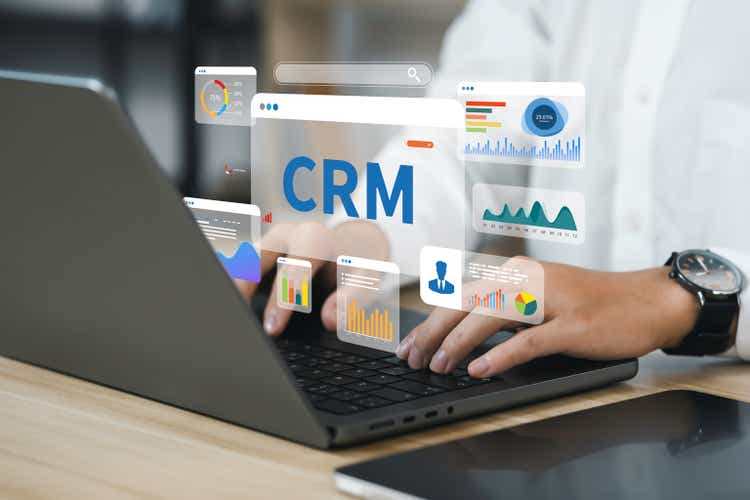 Businessman using computer and dashboard CRM for management customer relationship management for business sales marketing system concept.CRM database analysis on Internet technology