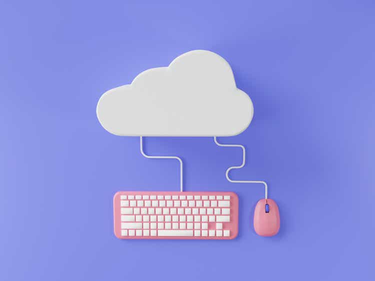 Cloud computing technology with computer. Network Data Storage, application transfers data to server, Cloud storage, Web-based cloud, data management concept. 3d icon rendering illustration