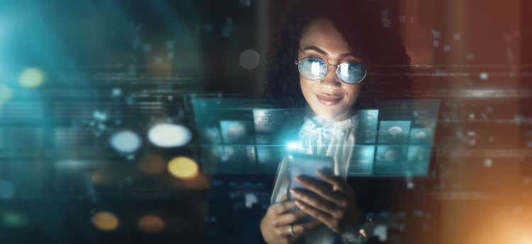 Futuristic, AI and business woman, smartphone and connectivity, cyber data overlay and technology innovation.  Digital transformation, mockup space and tech analytics, dashboard and internet hologram