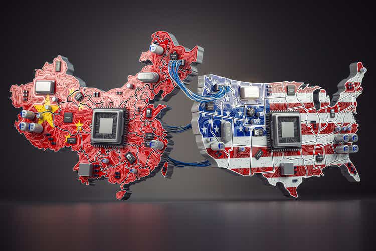 Semiconductor chip war between USA and China concept. Computer chips in from of China and USA map in colors of flags.