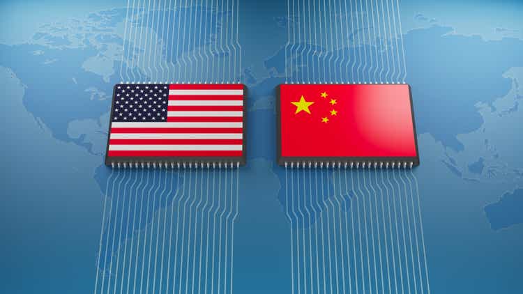 USA and China flag on a processor, 3d rendering.