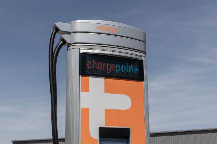 ChargePoint EV Charging Station. ChargePoint plug-in vehicle stations are in business parking lots or home use.