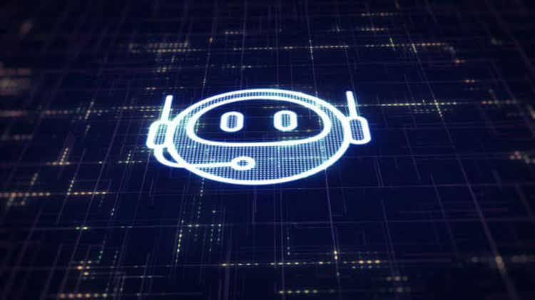 Chatbot robot head icon on digital data background.