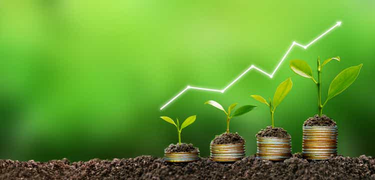 the light bulb sits on the ground Plants grow on stacked coins. Renewable energy production is essential for the future. Green businesses using renewable energy can limit climate change and global warming.